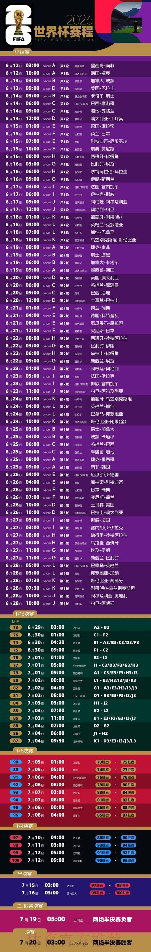 2026世界杯完整赛程高清版最新时间表实时查看 2026世界杯完整赛程高清版最新时间表实时查看